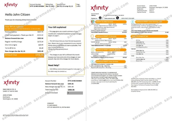 USA San Francisco Xfinity Comcast utility bill template in Word and PDF format (2 pages)